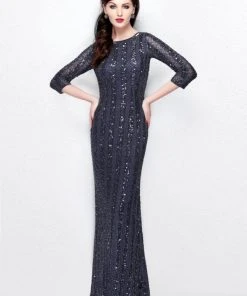 Primavera Couture - Sheer Quarter Sleeve Embellished Evening Gown 1719 Formal Gowns