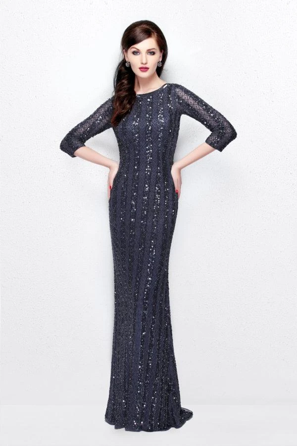 Primavera Couture - Sheer Quarter Sleeve Embellished Evening Gown 1719 Formal Gowns 3 Primavera Couture - Sheer Quarter Sleeve Embellished Evening Gown 1719 Formal Gowns