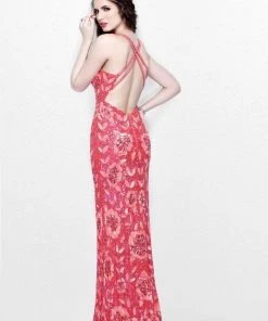 Primavera Couture - Shimmering Floral Printed V Neck Strappy Long Gown 1820 Formal Gowns