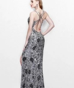 Primavera Couture - Shimmering Floral Printed V Neck Strappy Long Gown 1820 Formal Gowns