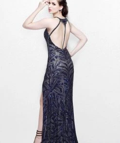 Primavera Couture - Shimmering Sequined V-Neck Sheath Gown With Slit 1817 Formal Gowns