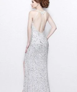 Primavera Couture - Shimmering Sequined V-Neck Sheath Gown With Slit 1817 Formal Gowns
