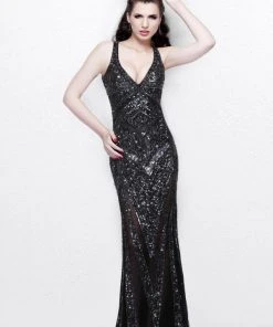 Primavera Couture - Sleeveless V-neckline Sequined Evening Gown 1713