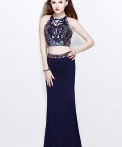 Primavera Couture - Two-Piece Sequined Halter Neck Jersey Sheath Gown 1594