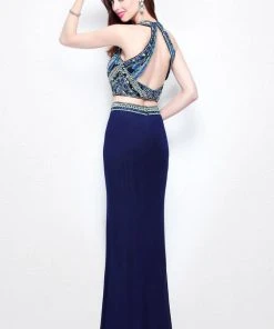Primavera Couture - Two-Piece Sequined Halter Neck Jersey Sheath Gown 1594