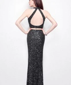 Formal Gowns Primavera Couture - Two-Piece Sequined High Neck Sheath Gown 1546