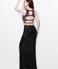 Primavera Couture - Two-Piece Sequined Jewel Sheath Gown With Side Slit 1802 Formal Gowns