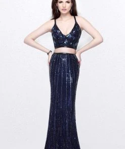 Formal Gowns Primavera Couture - Two Piece V-Neck Metallic Long Dress 1892
