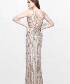 Formal Gowns Primavera Couture - Two Piece V-Neck Metallic Long Dress 1892