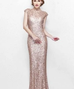 Formal Gowns Primavera Couture - Ultra Sparkling Plunging Back Long Sequin Sheath Dress 1256