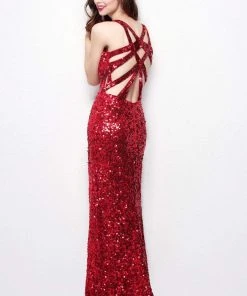 Primavera Couture - Vibrant Sequined Spaghetti Strapped Gown 9877 Formal Gowns
