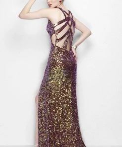 Primavera Couture - Vibrant Sequined Spaghetti Strapped Gown 9877 Formal Gowns