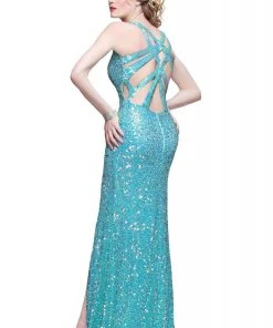 Primavera Couture - Vibrant Sequined Spaghetti Strapped Gown 9877 Formal Gowns