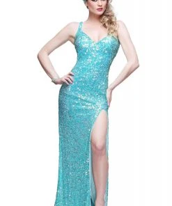 Primavera Couture - Vibrant Sequined Spaghetti Strapped Gown 9877 Formal Gowns