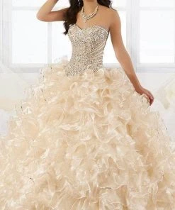 Formal Gowns Quinceanera Collection - Strapless Beaded Ruffle Ballgown 26845 - 1 Pc Champagne In Size 6 Available