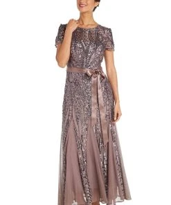 Formal Gowns R&M Richards - 1875W Plus Size Embellished Gown With Satin Waist Tie - 1 Pc Mocha In Size 16W Available