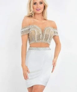 Cocktail Dresses Rachel Allan - 4595 Beaded Two Piece Off-Shoulder Fitted Dress