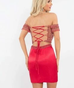 Cocktail Dresses Rachel Allan - 4595 Beaded Two Piece Off-Shoulder Fitted Dress