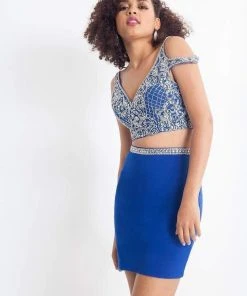 Cocktail Dresses Rachel Allan - 4643 Jeweled Bodice Cut-In Shoulder Two-Piece Dress