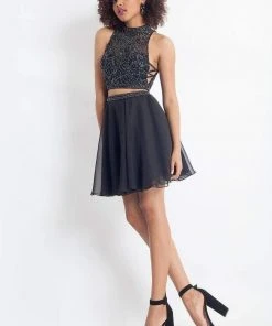 Cocktail Dresses Rachel Allan - 4656 Beaded Two Piece High Neck Chiffon A-line Dress