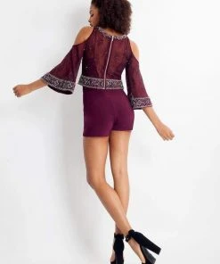 Cocktail Dresses Rachel Allan - 4694 Deep V-neck Romper With Removable Lace Top