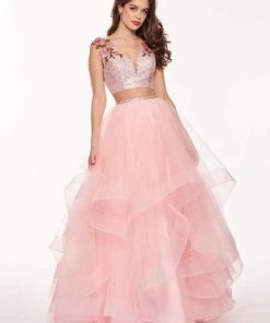 Rachel Allan - 6412 Two-Piece Floral Motif Shoulders Tiered Tulle Gown Formal Gowns