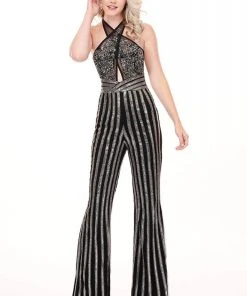 Plus Size Dresses Rachel Allan - 6415 Crystal Beaded Halter Jumpsuit