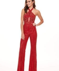 Plus Size Dresses Rachel Allan - 6415 Crystal Beaded Halter Jumpsuit