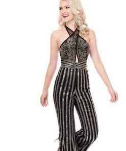 Plus Size Dresses Rachel Allan - 6415 Crystal Beaded Halter Jumpsuit