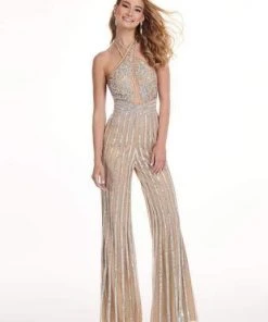 Plus Size Dresses Rachel Allan - 6415 Crystal Beaded Halter Jumpsuit
