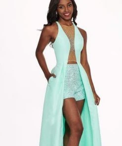 Rachel Allan - 6435 Plunging Illusion Gown With Beaded Shorts Formal Gowns