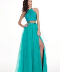 Formal Gowns Rachel Allan - 6437 Two Piece Embroidered Lace Halter A-line Dress