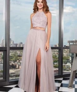 Formal Gowns Rachel Allan - 6437 Two Piece Embroidered Lace Halter A-line Dress