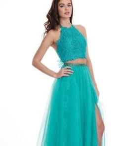 Formal Gowns Rachel Allan - 6437 Two Piece Embroidered Lace Halter A-line Dress