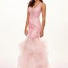 Rachel Allan - 6465 Illusion Plunging V Neck Ruffled Mermaid Gown