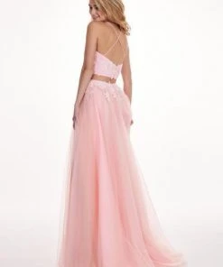 Rachel Allan - 6466 Lace Deep V-neck Tulle A-line Dress