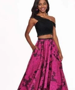 Rachel Allan - 6473 One Shoulder Two-Piece Floral Jacquard Gown Formal Gowns