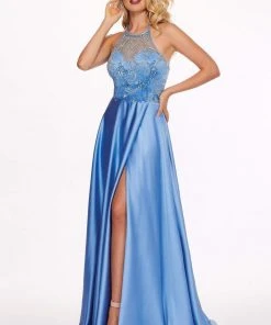 Formal Gowns Rachel Allan - 6487 Beaded Halter Satin A-line Dress