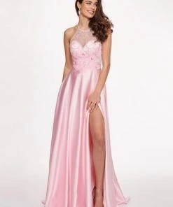 Formal Gowns Rachel Allan - 6487 Beaded Halter Satin A-line Dress
