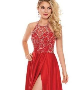 Formal Gowns Rachel Allan - 6487 Beaded Halter Satin A-line Dress
