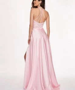 Formal Gowns Rachel Allan - 6487 Beaded Halter Satin A-line Dress