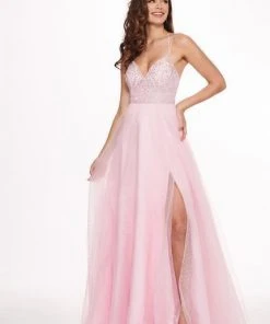 Rachel Allan - 6493 Embroidered V-neck Swiss Dot Crepe A-Line Gown Formal Gowns