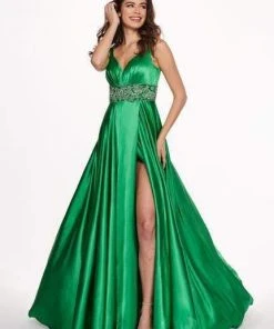 Rachel Allan - 6510 Beaded V-neck Stretch Satin A-line Dress Formal Gowns