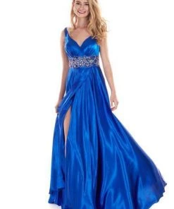 Rachel Allan - 6510 Beaded V-neck Stretch Satin A-line Dress Formal Gowns