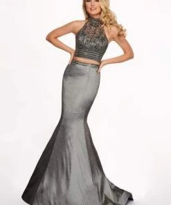 Rachel Allan - 6511 Beaded Halter Taffeta Two-Piece Mermaid Gown Formal Gowns