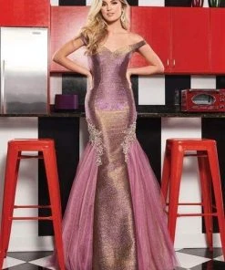 Rachel Allan - 6518 Two-Toned Metallic Off Shoulder Trumpet Gown