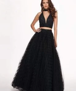 Rachel Allan - 6524 Two Piece Halter Ballgown Ruffles Dress With Choker