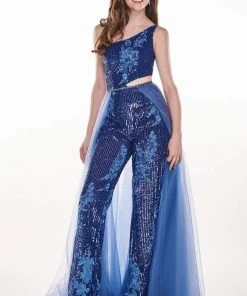 Plus Size Dresses Rachel Allan - 6527 Asymmetrical Jumpsuit With Overlay