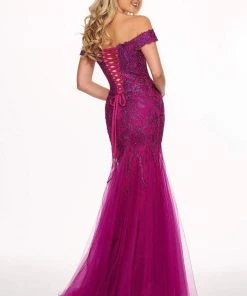 Formal Gowns Rachel Allan - 6545 Lace Appliqued Off Shoulder Tulle Mermaid Gown