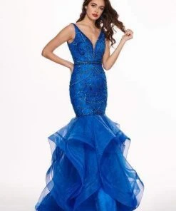 Rachel Allan - 6548 Plunging V-Neck Ruffled Mermaid Dress